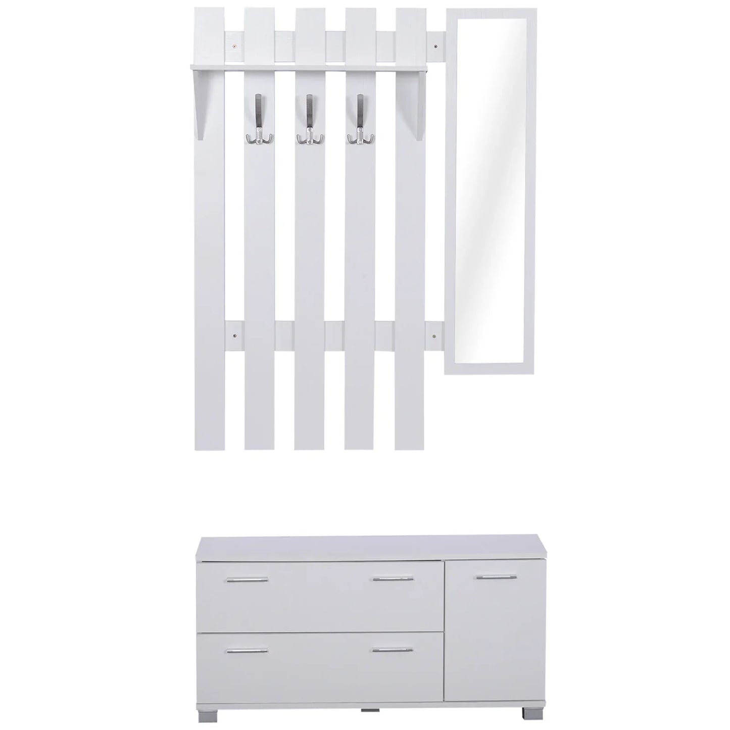 HOMCOM Eingangsset mit Spiegel, Garderobe und Schuhschrank – Eingangsbereich Möbel mit 3 Haken, Regal und 2 Schubladen für Diele in Weiß