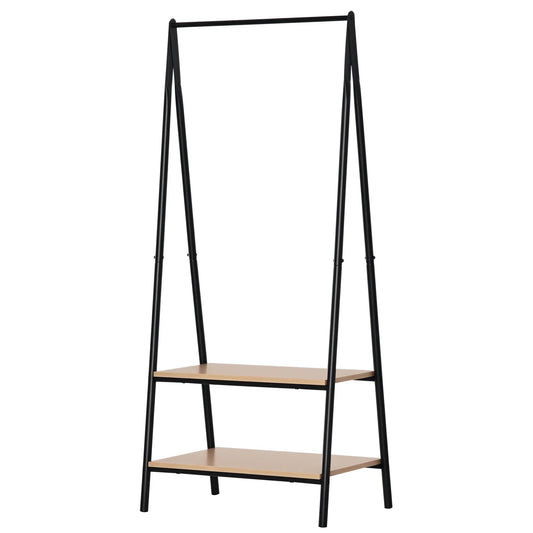 HOMCOM Appendiabiti con scarpiera, portaoggetti, metallo + legno nero + naturale 64 x 42,5 x 149 cm
