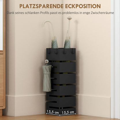HOMCOM Metall-Schirmständer, quadratisch, mit abnehmbarer Tropfschale & 4 Haken, für Diele, 15,5 x 15,5 x 49 cm, Schwarz