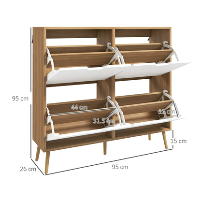 HOMCOM Schuhschrank mit 4 Klappen und verstellbaren Regalen, Schuhaufbewahrungsschrank für 16 Paar Schuhe, schmaler Schuhregal für den Eingangsbereich 95x26x95 cm Naturholz