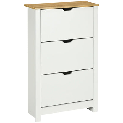 HOMCOM Schuhschrank mit 3 Klappen, Schuhregal, schmaler Schuhschrank mit verstellbarem Fach, Schuhschrank für 18 Paar Schuhe 72 x 26 x 112 cm, Weiß+Natur