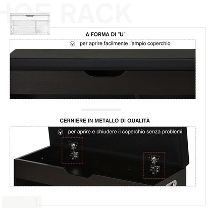 HOMCOM Gepolsteter Schuhschrank für den Eingangsbereich, Schuhschrank mit Schuhregal, 3 Fächer, Sitzfläche aus PU-Leder, für Wohn- und Flurbereich, 80x30x43 cm, Schwarz