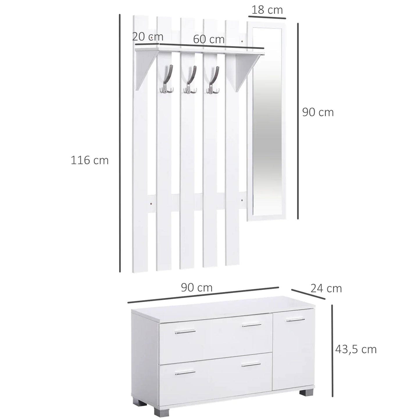 HOMCOM Eingangsset mit Spiegel, Garderobe und Schuhschrank – Eingangsbereich Möbel mit 3 Haken, Regal und 2 Schubladen für Diele in Weiß