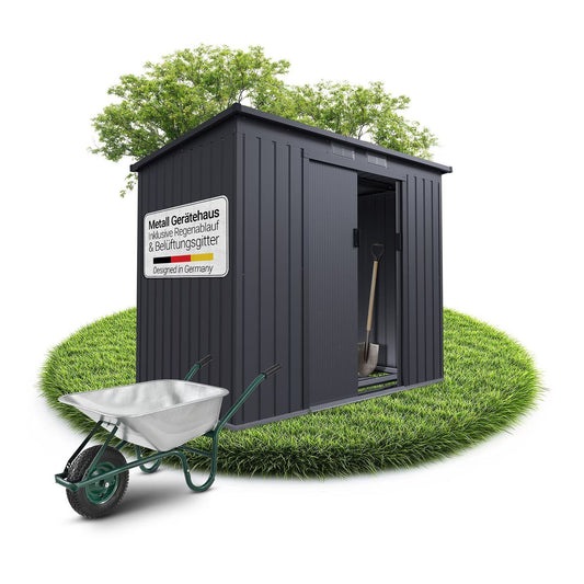 Juskys Casetta Porta Attrezzi in Metallo – Grigio Scuro, resistente alle intemperie con telaio di fondazione, porta scorrevole e chiudibile a chiave - per Giardino e Deposito