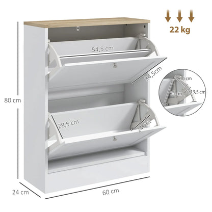 HOMCOM Schuhschrank für 12 Paare, schmaler Schuhaufbewahrungsschrank, modernes Möbelstück für den Eingangsbereich mit 2 Klappschubladen und verstellbaren Regalen, für Flur und Eingangsbereich, 60 x 24 x 80 cm, Weiß