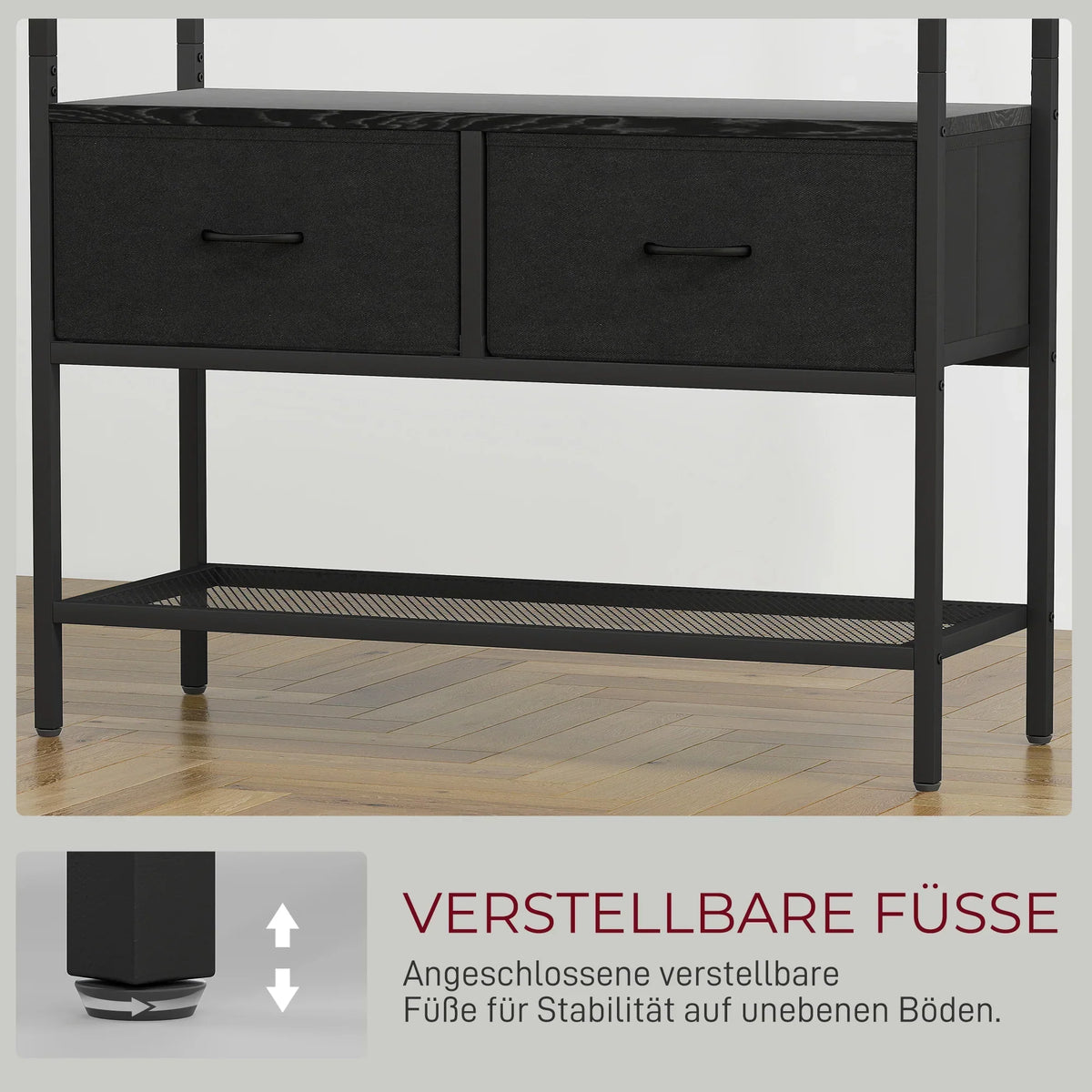 HOMCOM Garderobenständer, Kleiderstange mit Schuhregal, 2 Stoffschubladen, Garderobe mit 8 Haken, Regal, Garderobenständer mit Kippschutz, für Eingangsbereich, Flur, Schlafzimmer, Schwarz