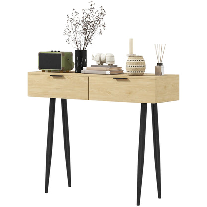 HOMCOM Konsolentisch für den Eingangsbereich mit 2 Schubladen und Stahlbeinen, 100x30x80,5 cm, Eiche