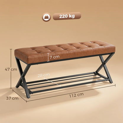 HOMCOM Schuhbank mit gepolstertem Sitz, Schuhregal, Industrial X-Rahmen aus Stahl, PU-Leder, belastbar bis 220 kg, 112 x 37 x 47 cm, Braun