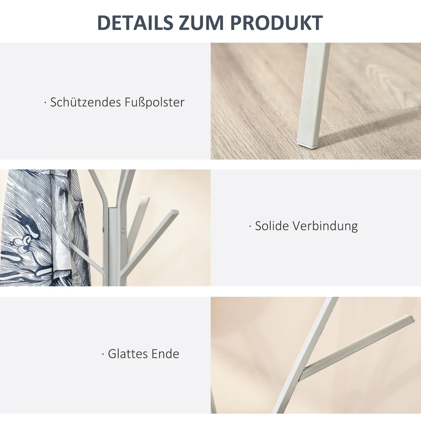 HOMCOM Garderobe, Hutständer mit 8 Haken, Kleiderständer mit Ablage, Stehkleiderschrank für Kleidung, Hüte, Taschen, Metall, Weiß, 45 x 45 x 180 cm