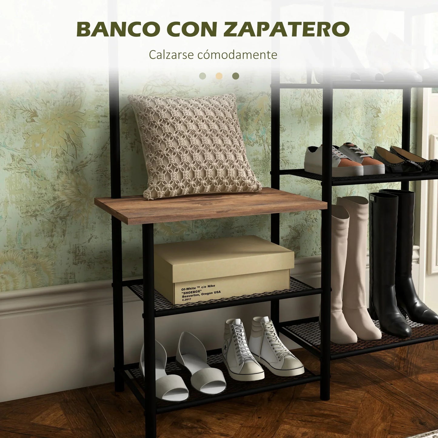 HOMCOM Garderobenständer mit Schuhregal und 5 Regalen - Garderobenständer mit 6 Haken zum Aufhängen von Taschen und Kleidung im Industrie-Design 92,5x28,2x182 cm Rustikal Braun