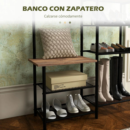HOMCOM Garderobenständer mit Schuhregal und 5 Regalen - Garderobenständer mit 6 Haken zum Aufhängen von Taschen und Kleidung im Industrie-Design 92,5x28,2x182 cm Rustikal Braun