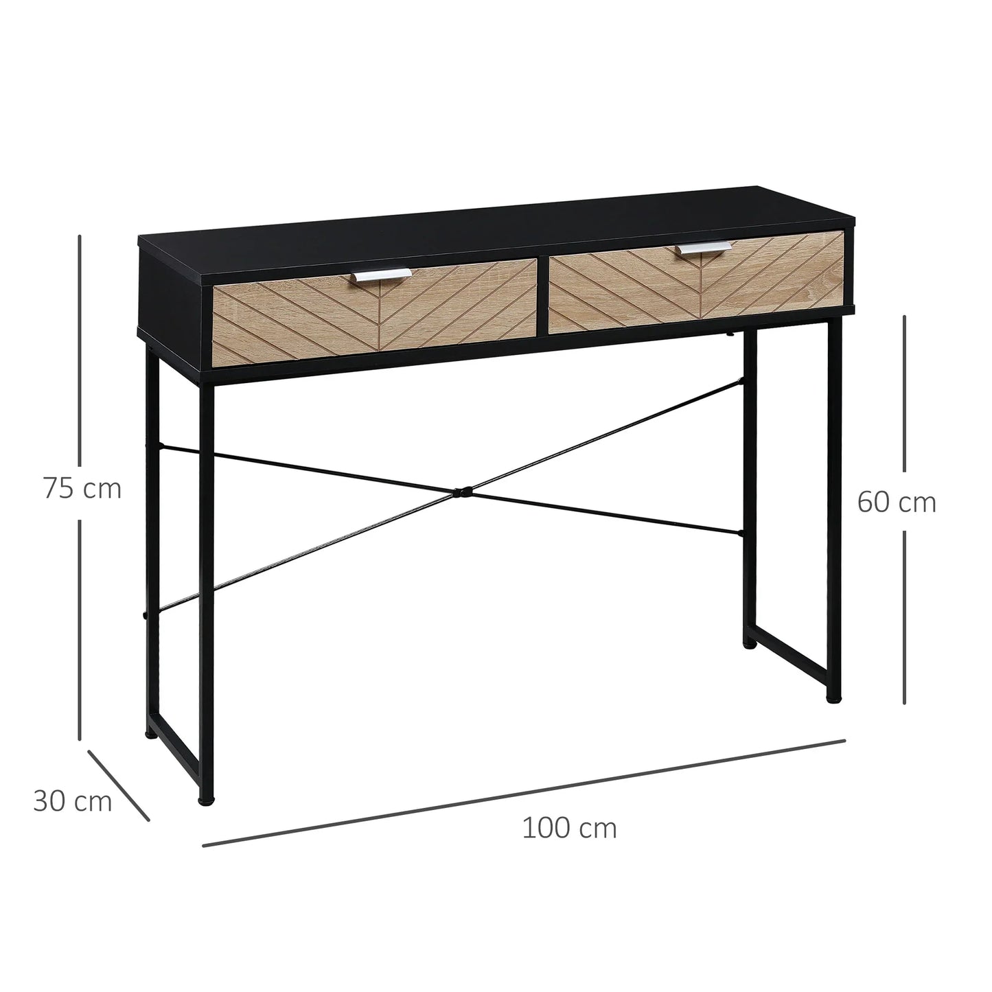 HOMCOM Schmale Konsole Eingangstisch mit 2 Schubladen, geschnitzte Linien, modernes Design für Flur, Eingangsbereich, Wohnzimmer und Schlafzimmer, 100x30x75 cm, Schwarz und Eiche