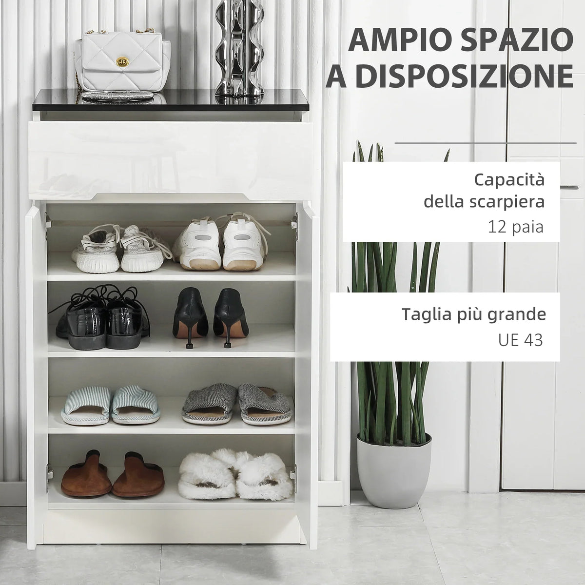 HOMCOM Slim Schuhschrank für bis zu 12 Paare Schuhe für Eingänge und Flure mit 3 verstellbaren Regalen und Schublade aus glänzendem Spanplattenwerkstoff, 60x32x100 cm