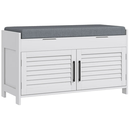 HOMCOM Schuhbank mit verstellbarem Innenregal in 3 Höhen, schlanke Schuhbank aus MDF mit Leinenbezug, 90x36x50 cm, Weiß und Grau