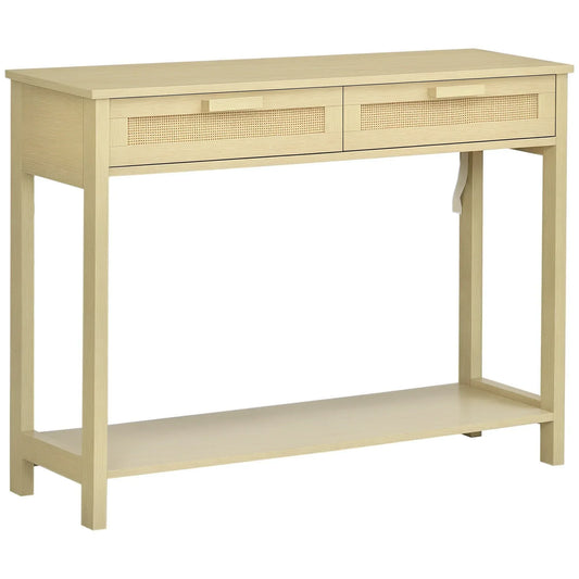 HOMCOM Konsolentisch Flurtisch mit 2 Schubladen Rattanoberfläche und unterem Regal für Flur Wohnzimmer Schlafzimmer Rustikaler Stil 100x30x76 cm Natur