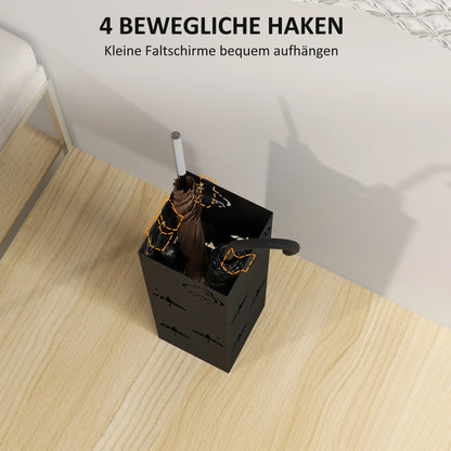 HOMCOM Regenschirmständer mit 4 Haken, abnehmbare Wasserauffangschale, dekorativer Regenschirmhalter für Sonnenschirme, Regentage & Gehstöcke, Stahl 15,5 x 15,5 x 49 cm Schwarz