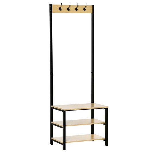 HOMCOM Appendiabiti da Ingresso con Panchina Scarpiera a 3 Ripiani e 4 Ganci per Vestiti, 60x40x175 cm, Nero e Naturale