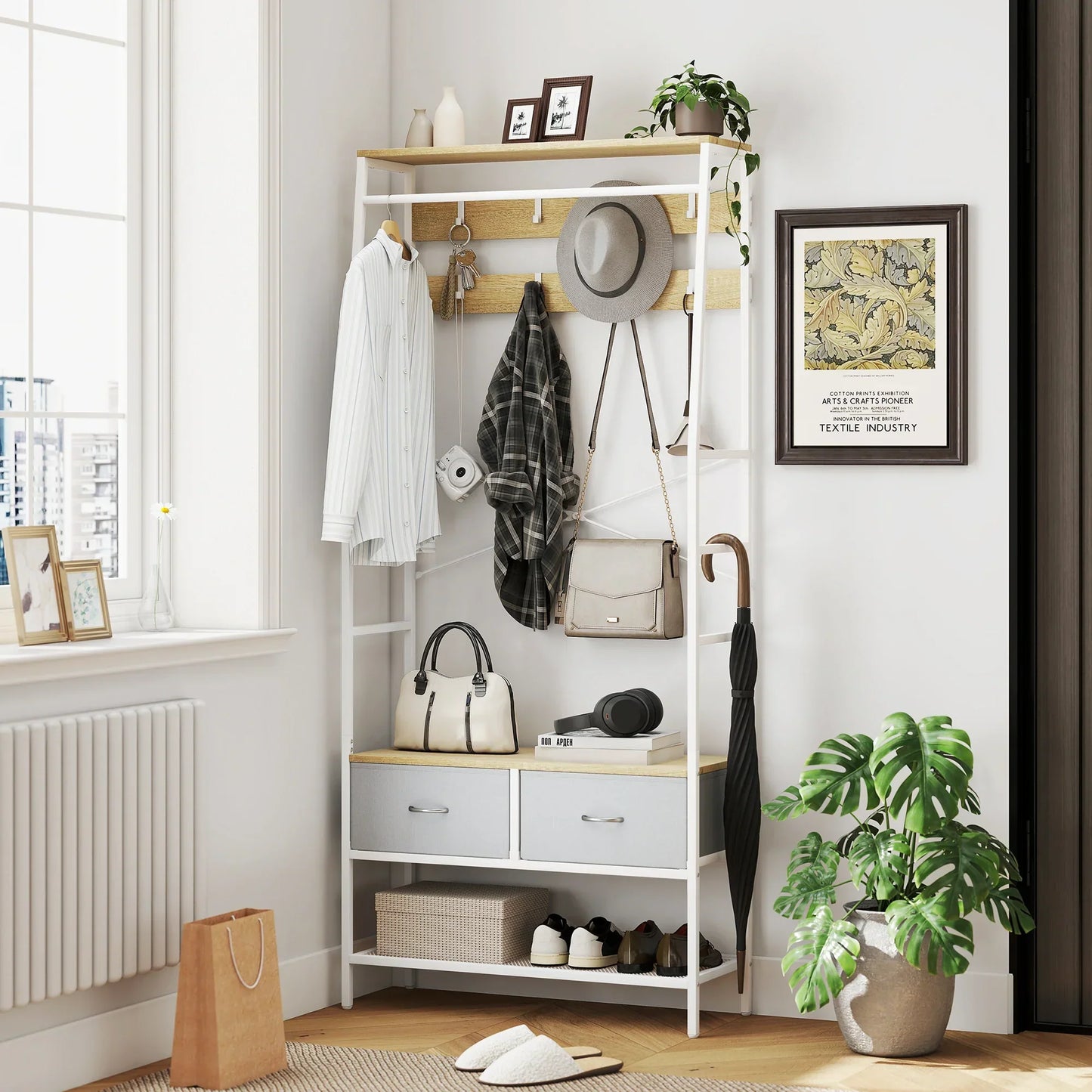HOMCOM Garderobe mit Schuhregal – Eingangsbereich Garderobe mit Schuhregal, 8 Haken, 2 Stoffschubladen, Maschenregal im industriellen Stil für hängende Kleidung – Flur, Schlafzimmer, Wohnzimmer 80x30x180,5 cm Natur
