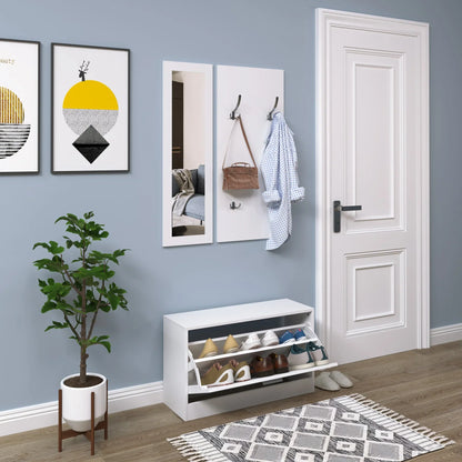HOMCOM Möbelset für den Eingangsbereich 3-teiliges Schuhschrank-Spiegel-Garderobe mit 4 Haken zum Aufhängen von Kleidung 80x27x46,5 cm Weiß