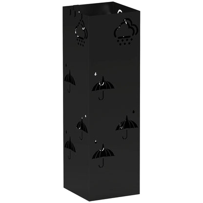 HOMCOM Regenschirmständer mit 4 Haken, abnehmbare Wasserauffangschale, dekorativer Regenschirmhalter für Sonnenschirme, Regentage & Gehstöcke, Stahl 15,5 x 15,5 x 49 cm Schwarz