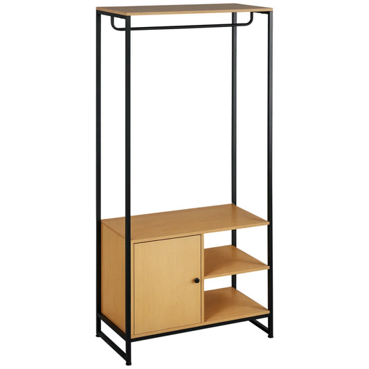HOMCOM Appendiabiti da Terra Stile Industriale in Acciaio e Legno, Armadio Guardaroba con Ripiano e 2 Scomparti Laterali, 80x40x180cm, Naturale