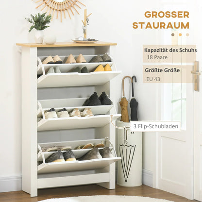 HOMCOM Schuhschrank mit 3 Klappen, Schuhregal, schmaler Schuhschrank mit verstellbarem Fach, Schuhschrank für 18 Paar Schuhe 72 x 26 x 112 cm, Weiß+Natur