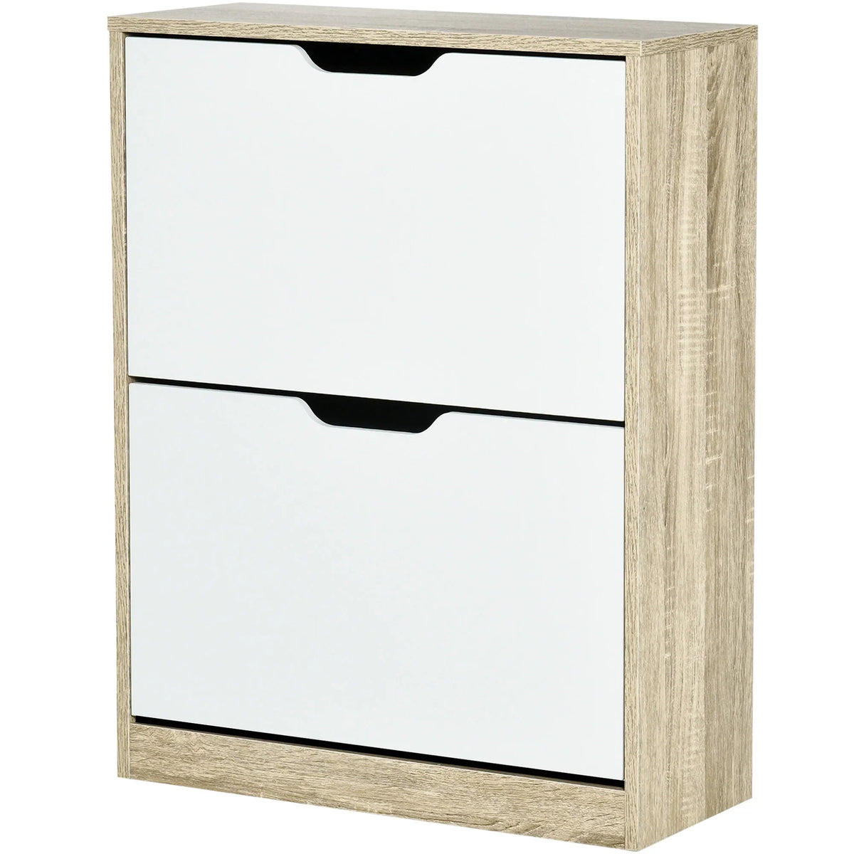 HOMCOM Schuhschrank aus Holz mit 2 Klapptüren und 4 Ablagefächern für 8 Paar Schuhe für Flur, Diele, Schlafzimmer 62,5x26x81 cm Weiß und Natur