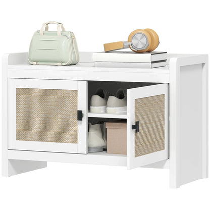 HOMCOM Bohemian Schuhbank mit Rattan-Fronttüren, Abnehmbares Regal für 8 Paar Schuhe für Flur und Schlafzimmer 80x35x52 cm Weiß