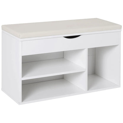 HOMCOM Schuhbank mit Sitzplatz – Moderne Schuhaufbewahrung für den Eingangsbereich mit Schublade, offenen Regalen und 1 Kissen für Flur 80x30x47cm