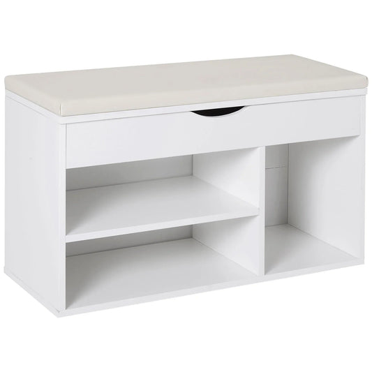 HOMCOM Schuhbank mit Sitzplatz – Moderne Schuhaufbewahrung für den Eingangsbereich mit Schublade, offenen Regalen und 1 Kissen für Flur 80x30x47cm