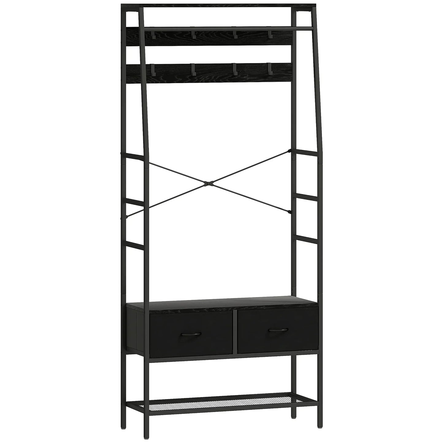 HOMCOM Garderobenständer, Kleiderstange mit Schuhregal, 2 Stoffschubladen, Garderobe mit 8 Haken, Regal, Garderobenständer mit Kippschutz, für Eingangsbereich, Flur, Schlafzimmer, Schwarz