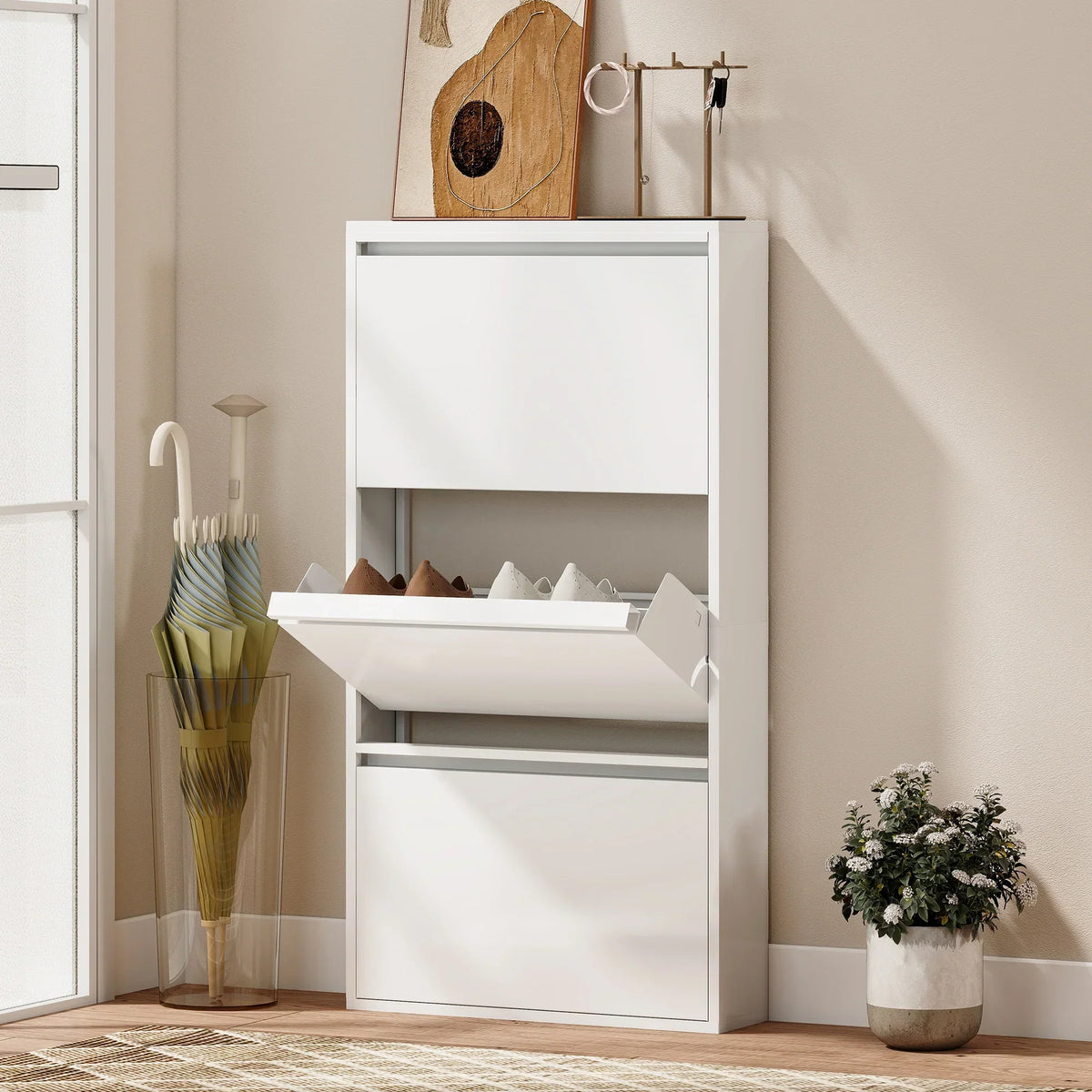 HOMCOM Metall-Schuhschrank mit 3 Klappen — schlanker wandmontierter Schuhschrank für 6 Paar, 55 x 15 x 105,5 cm, Weiß