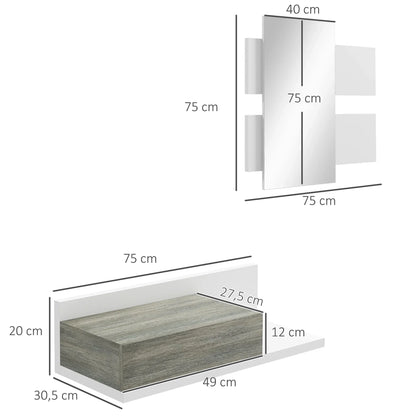 HOMCOM Flureinrichtungsset mit Spiegel und Schublade, Wandmontage, Moderner Stil 75x3,5x75 cm und 75x30,5x20 cm Grau und Weiß