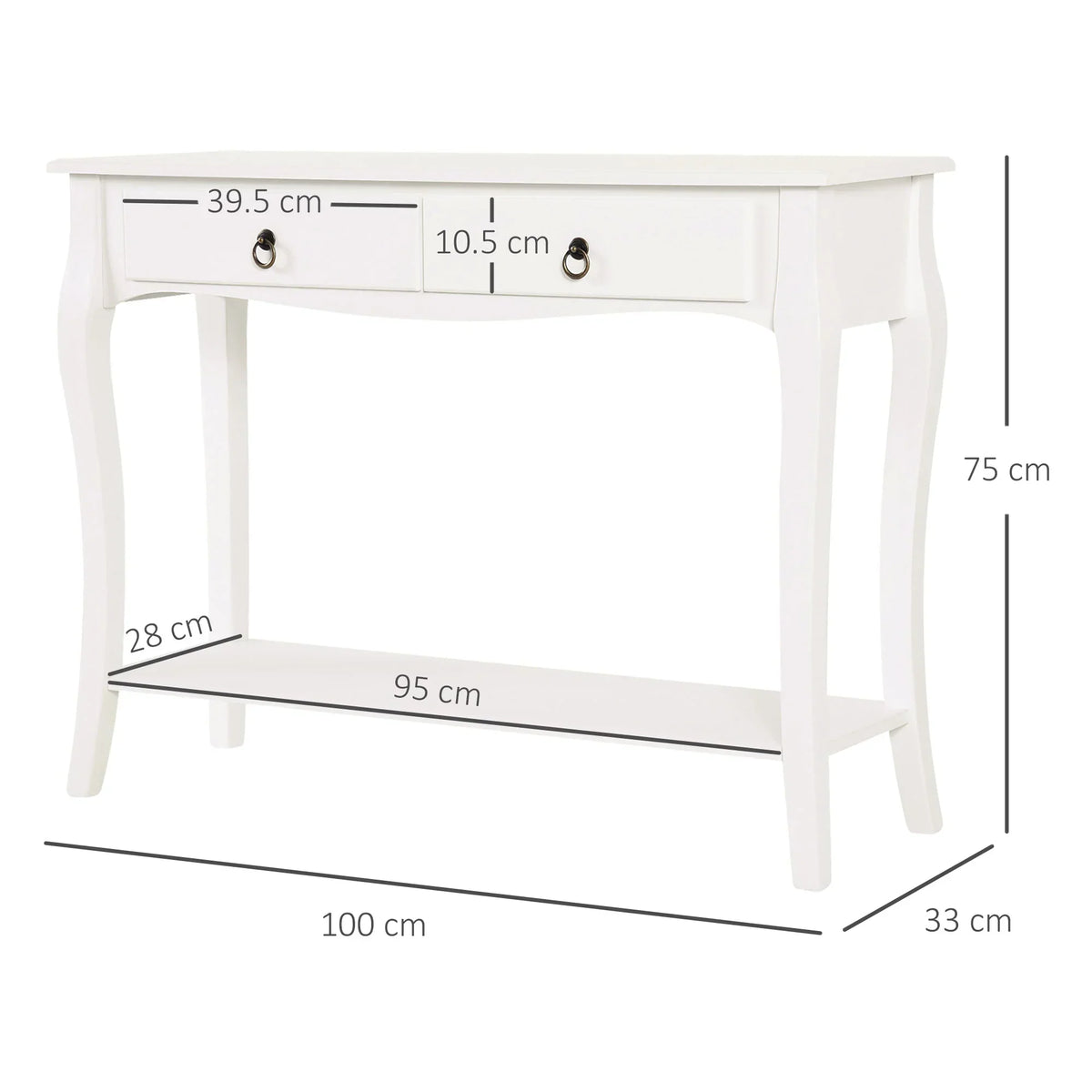 HOMCOM Konsolentisch Sideboard für Wohnzimmer und Flur, Akzenttisch mit Schubladen und Regal, elegantes Design 100x33x75cm Hochglanz Weiß