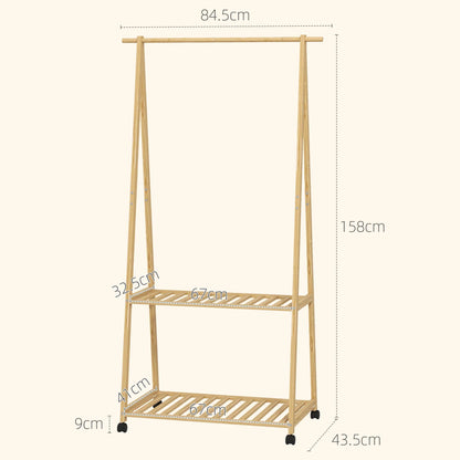 HOMCOM Bambus Kleiderständer mit Rollen, 2 offenen Regalen und 2 Haken, Kleiderständer für Eingangsbereich, Flur, Schlafzimmer 84,5x43,5x158 cm Natur