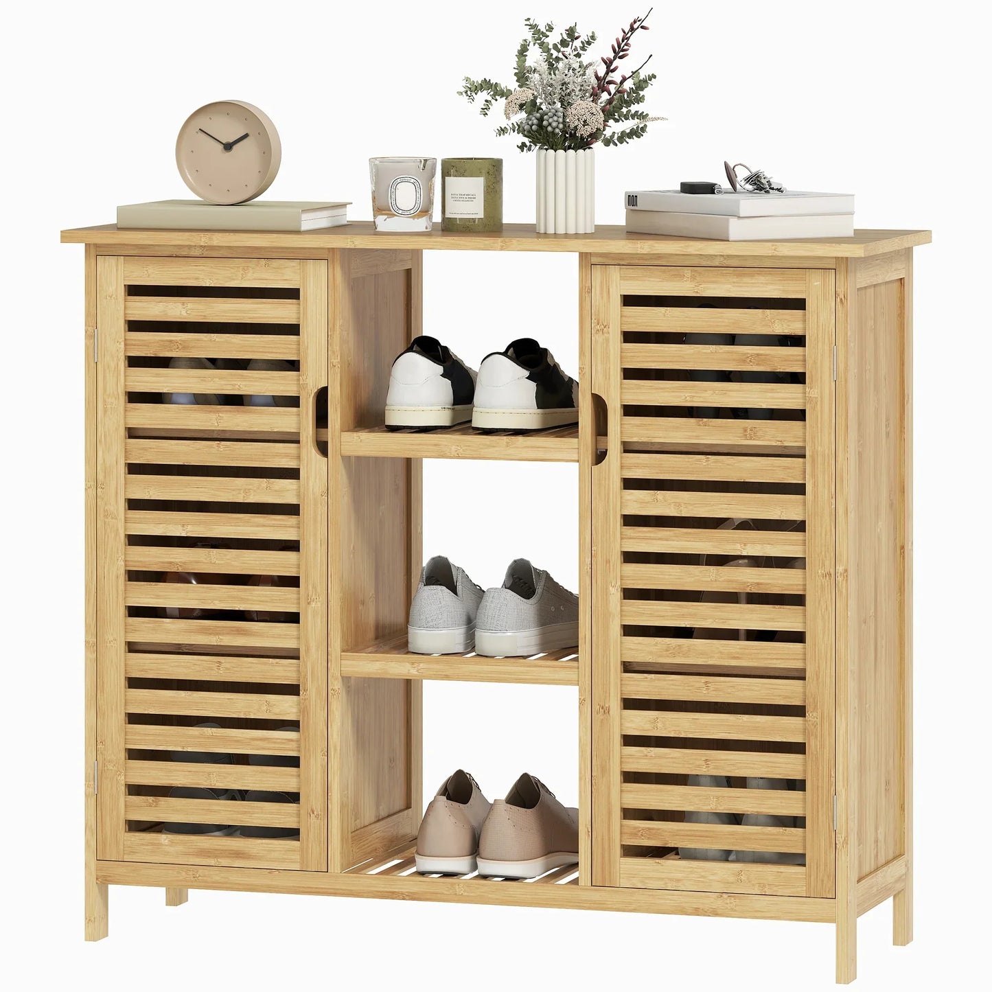 HOMCOM Bambus Schuhschrank mit 2 Lamellentüren – Schuhregal für den Eingangsbereich mit Regalen und offenen Fächern für 9 Paare Schuhe 100x33x86 cm Natur