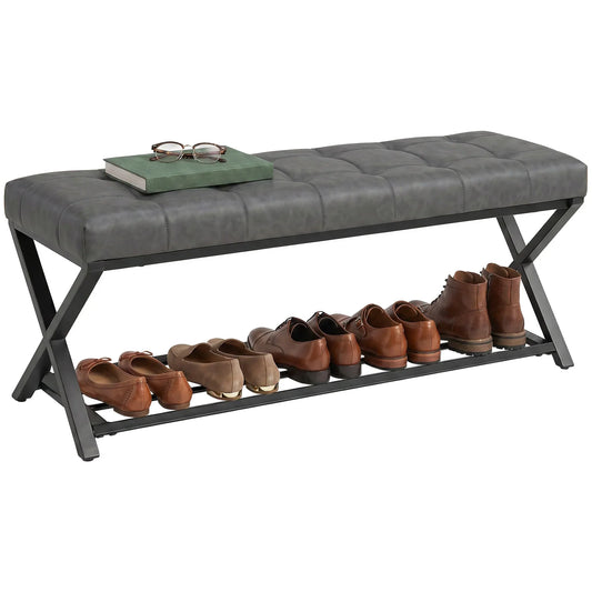 HOMCOM Panchina Scarpiera Imbottita con Contenitore — Struttura in Acciaio a X Industriale, Pelle PU, capacità 220 kg, 112×37×47 cm, Grigio Scuro
