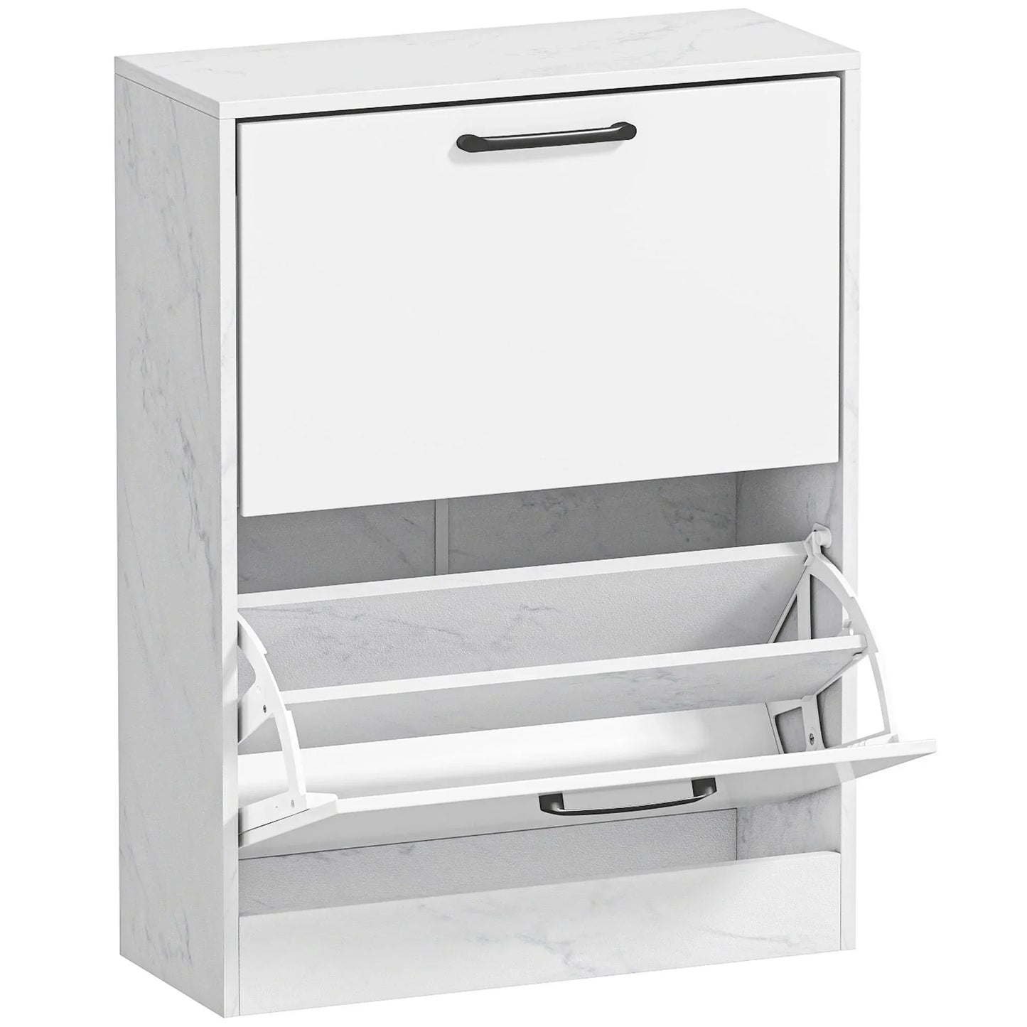 HOMCOM schmaler Schuhschrank mit 2 Hochglanz‑Klapp­türen, verstellbaren Einlegeböden, Marmor‑Design, für bis zu 8 Paar – Weiß (60 x 24 x 80 cm)