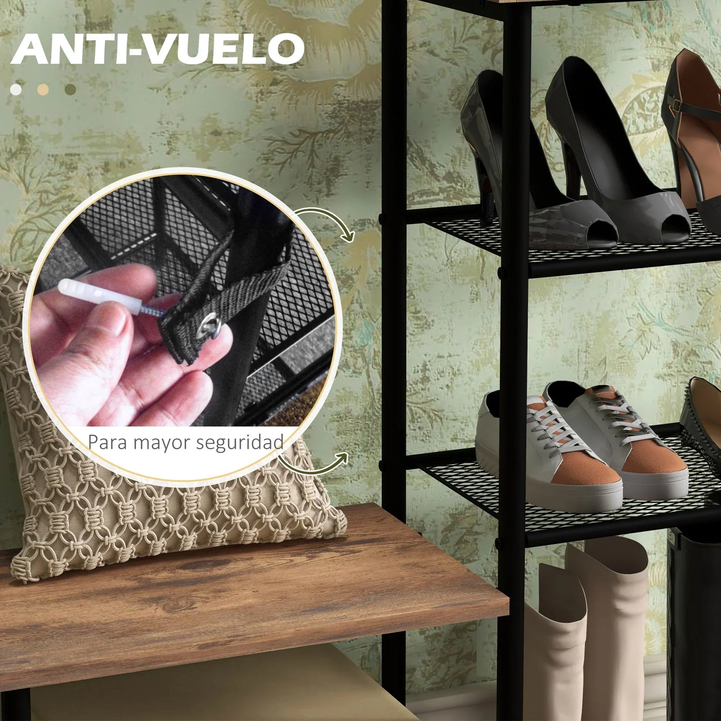 HOMCOM Garderobenständer mit Schuhregal und 5 Regalen - Garderobenständer mit 6 Haken zum Aufhängen von Taschen und Kleidung im Industrie-Design 92,5x28,2x182 cm Rustikal Braun