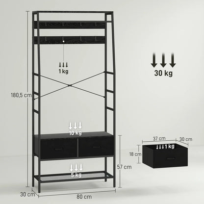 HOMCOM Garderobenständer, Kleiderstange mit Schuhregal, 2 Stoffschubladen, Garderobe mit 8 Haken, Regal, Garderobenständer mit Kippschutz, für Eingangsbereich, Flur, Schlafzimmer, Schwarz