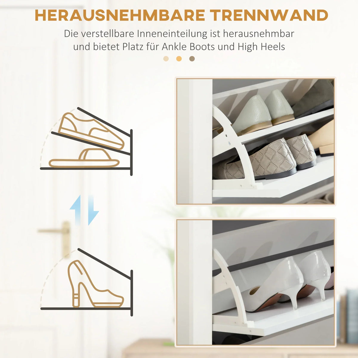 HOMCOM Schuhschrank mit 3 Klappen, Schuhregal, schmaler Schuhschrank mit verstellbarem Fach, Schuhschrank für 18 Paar Schuhe 72 x 26 x 112 cm, Weiß+Natur