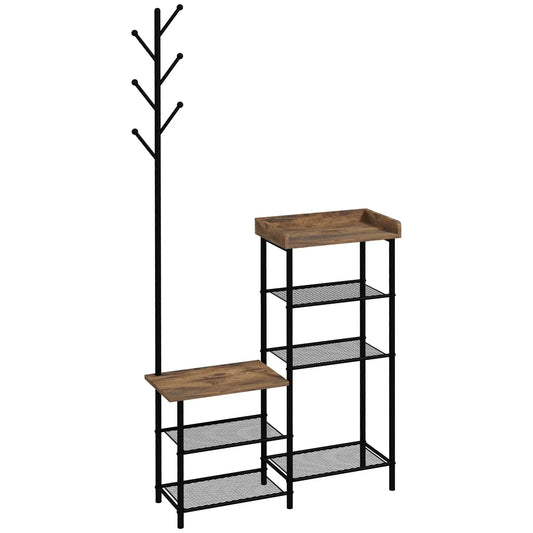 HOMCOM Appendiabiti con Scarpiera e 5 Ripiani - Appendiabiti con 6 Ganci per Borse e Vestiti, Design Industriale, 92,5x28,2x182 cm, Marrone Rustico