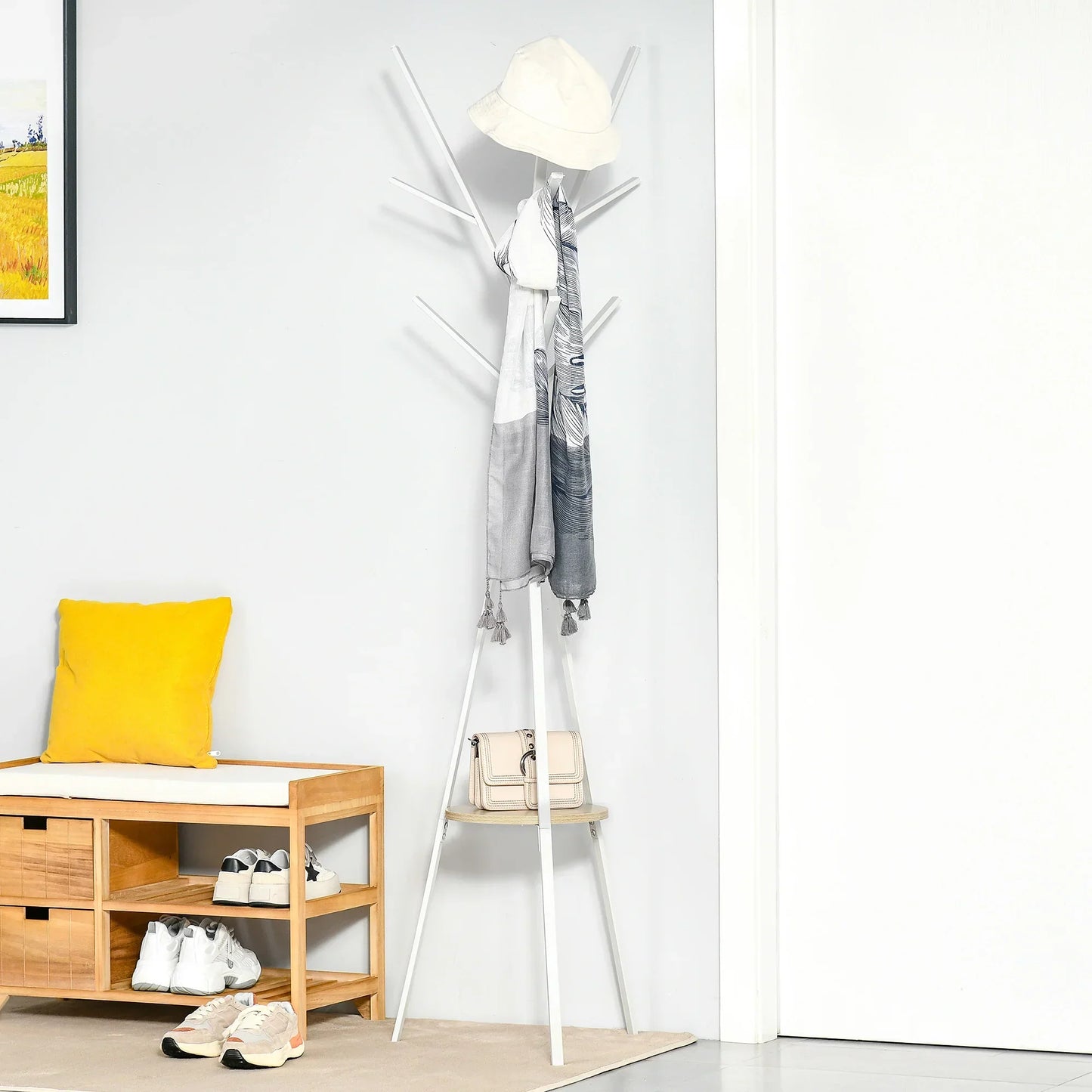 HOMCOM Garderobe, Hutständer mit 8 Haken, Kleiderständer mit Ablage, Stehkleiderschrank für Kleidung, Hüte, Taschen, Metall, Weiß, 45 x 45 x 180 cm