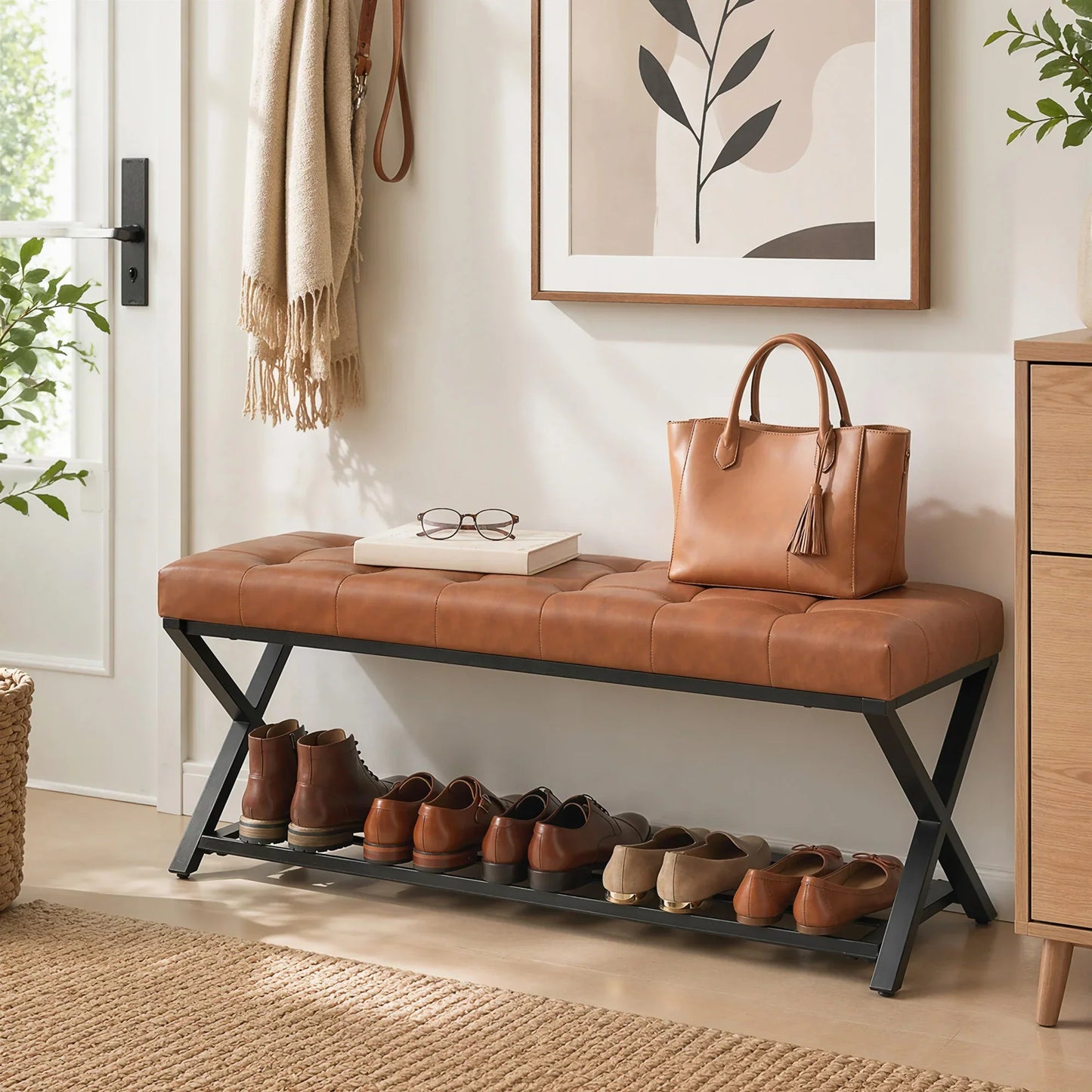 HOMCOM Schuhbank mit gepolstertem Sitz, Schuhregal, Industrial X-Rahmen aus Stahl, PU-Leder, belastbar bis 220 kg, 112 x 37 x 47 cm, Braun