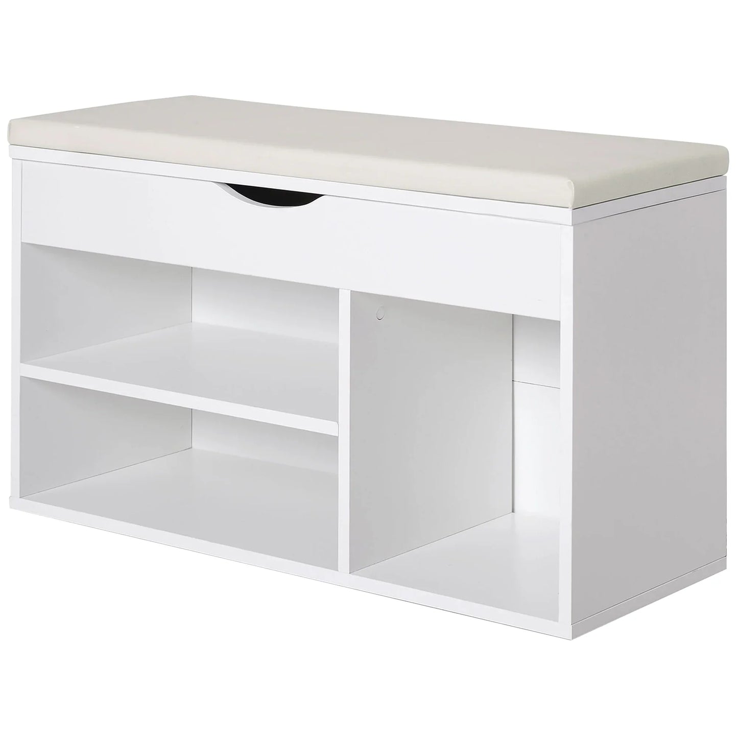 HOMCOM Schuhbank mit Sitzplatz – Moderne Schuhaufbewahrung für den Eingangsbereich mit Schublade, offenen Regalen und 1 Kissen für Flur 80x30x47cm