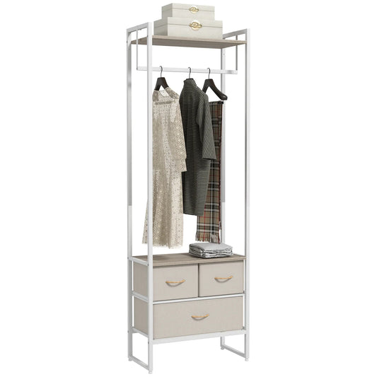 HOMCOM Appendiabiti da Ingresso con 3 Cassetti in Tessuto, Asta Appendiabiti e Ripiano per Ingresso, Camera da Letto, Soggiorno 58,5x30x178 cm Naturale
