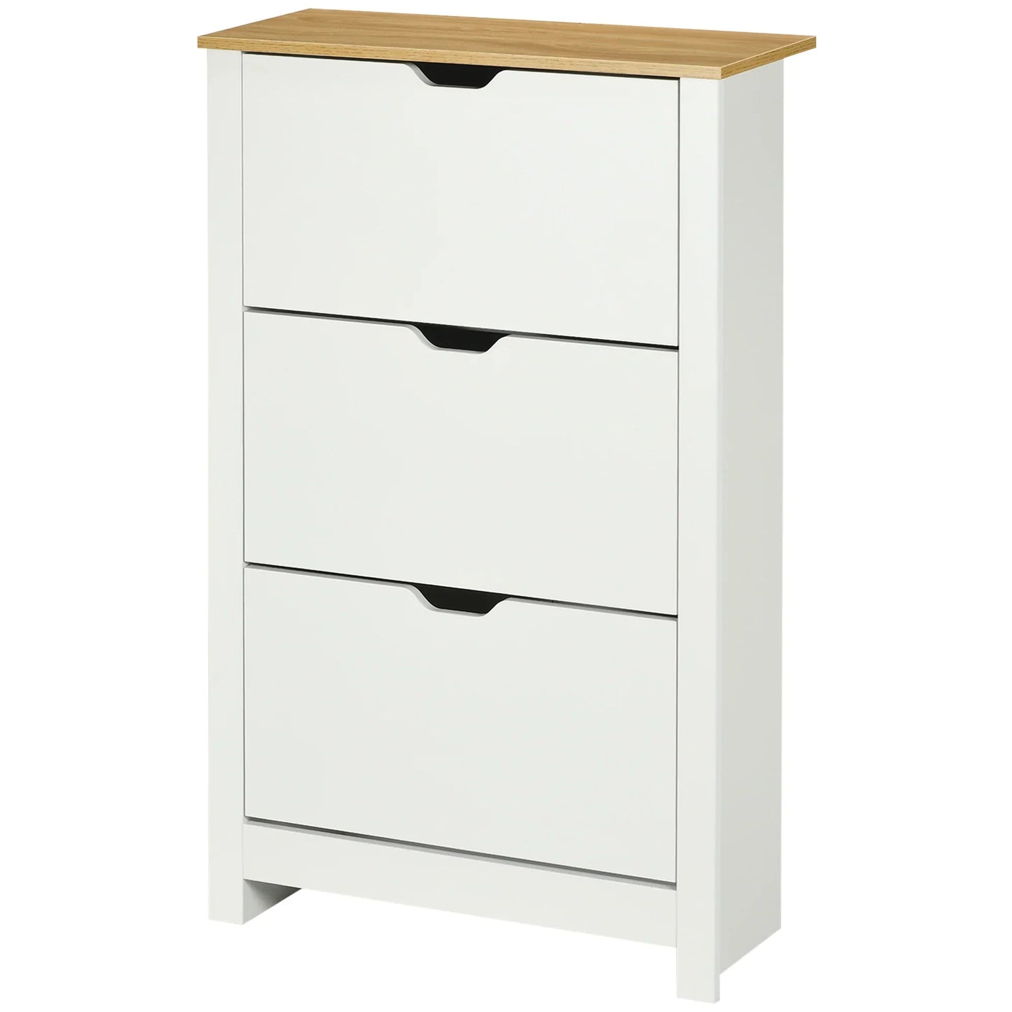 HOMCOM Schuhschrank mit 3 Klappen, Schuhregal, schmaler Schuhschrank mit verstellbarem Fach, Schuhschrank für 18 Paar Schuhe 72 x 26 x 112 cm, Weiß+Natur