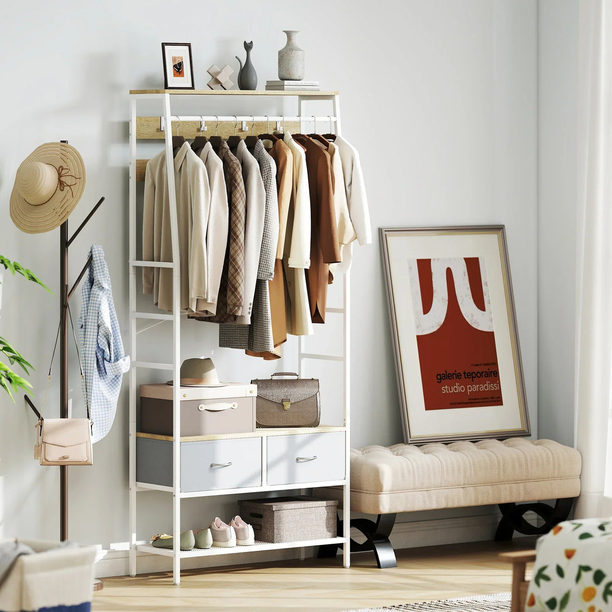 HOMCOM Garderobe mit Schuhregal – Eingangsbereich Garderobe mit Schuhregal, 8 Haken, 2 Stoffschubladen, Maschenregal im industriellen Stil für hängende Kleidung – Flur, Schlafzimmer, Wohnzimmer 80x30x180,5 cm Natur