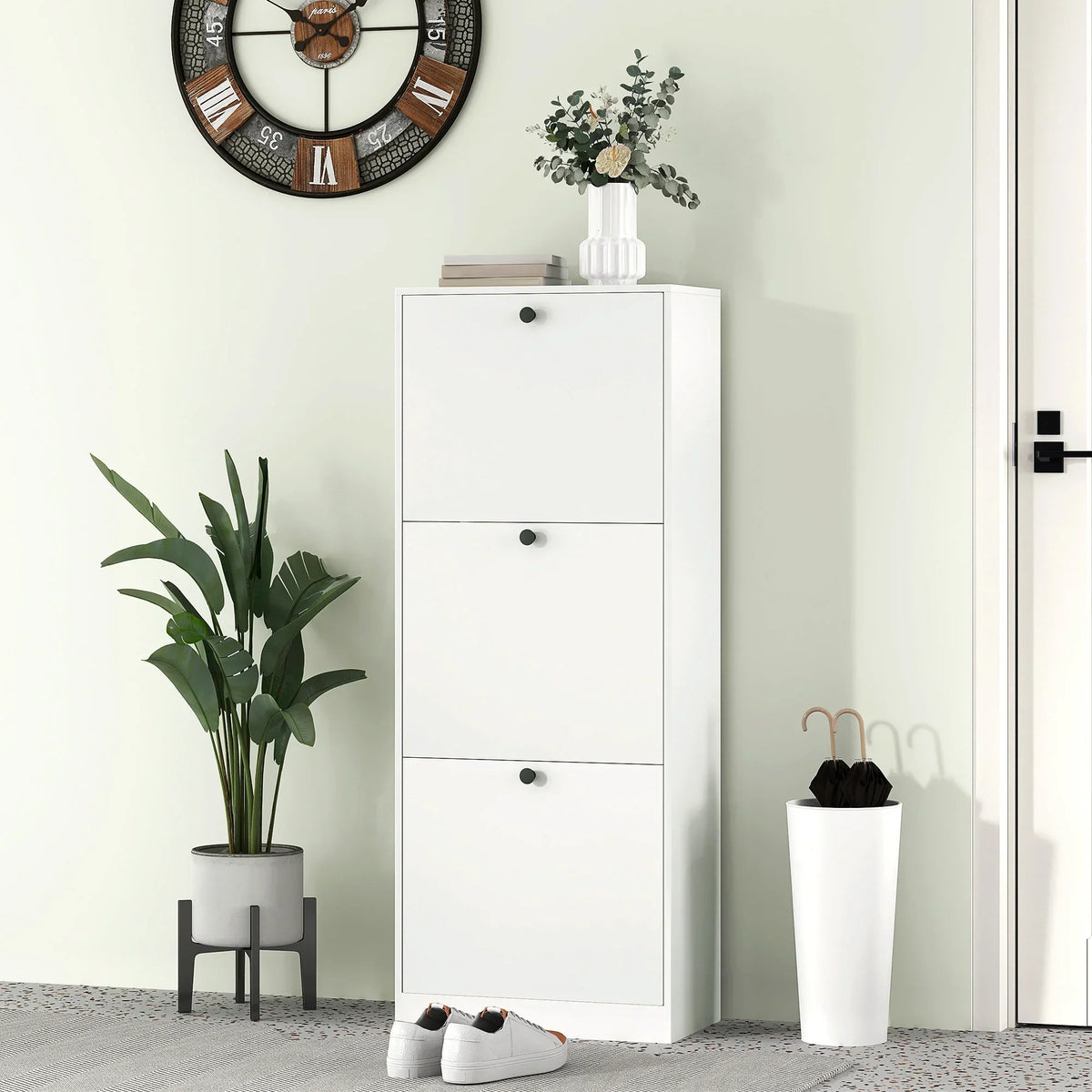 HOMCOM Schuhschrank mit 3 Klappen, Schuhregal mit verstellbarem Fach, schmaler Schuhschrank für 12 Paar Schuhe 47 x 26 x 120 cm, Weiß
