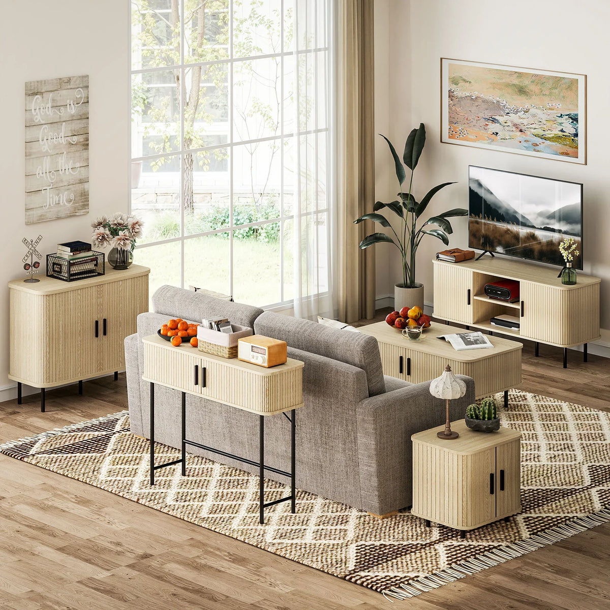 HOMCOM Vintage Konsolentisch Sideboard mit 2 Schiebetüren und Fächern für Flur 100x30x80 cm Eiche